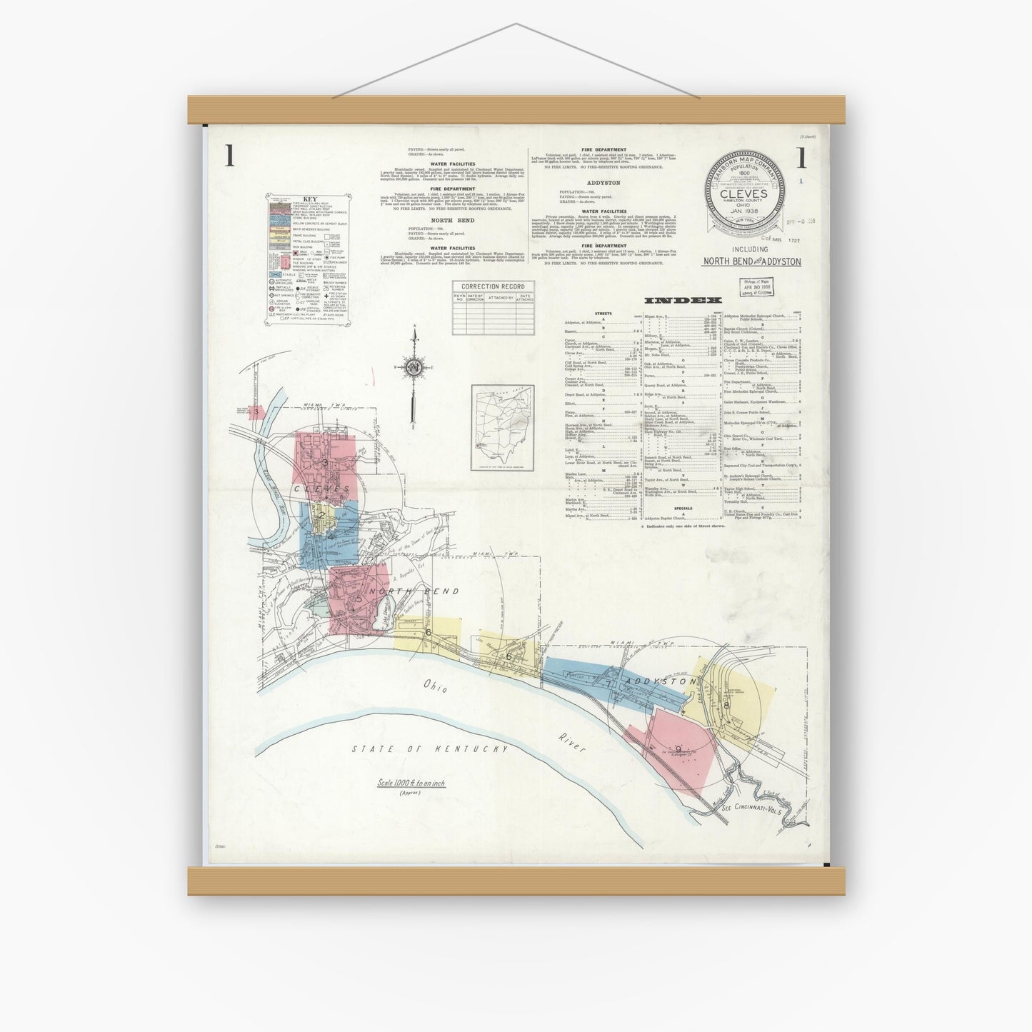 Old map wall art mockup — magnetic wood frame on white wall — Sanborn Fire Insurance Map from Cleves, Hamilton County, Ohio (1938) - Complete Map Set