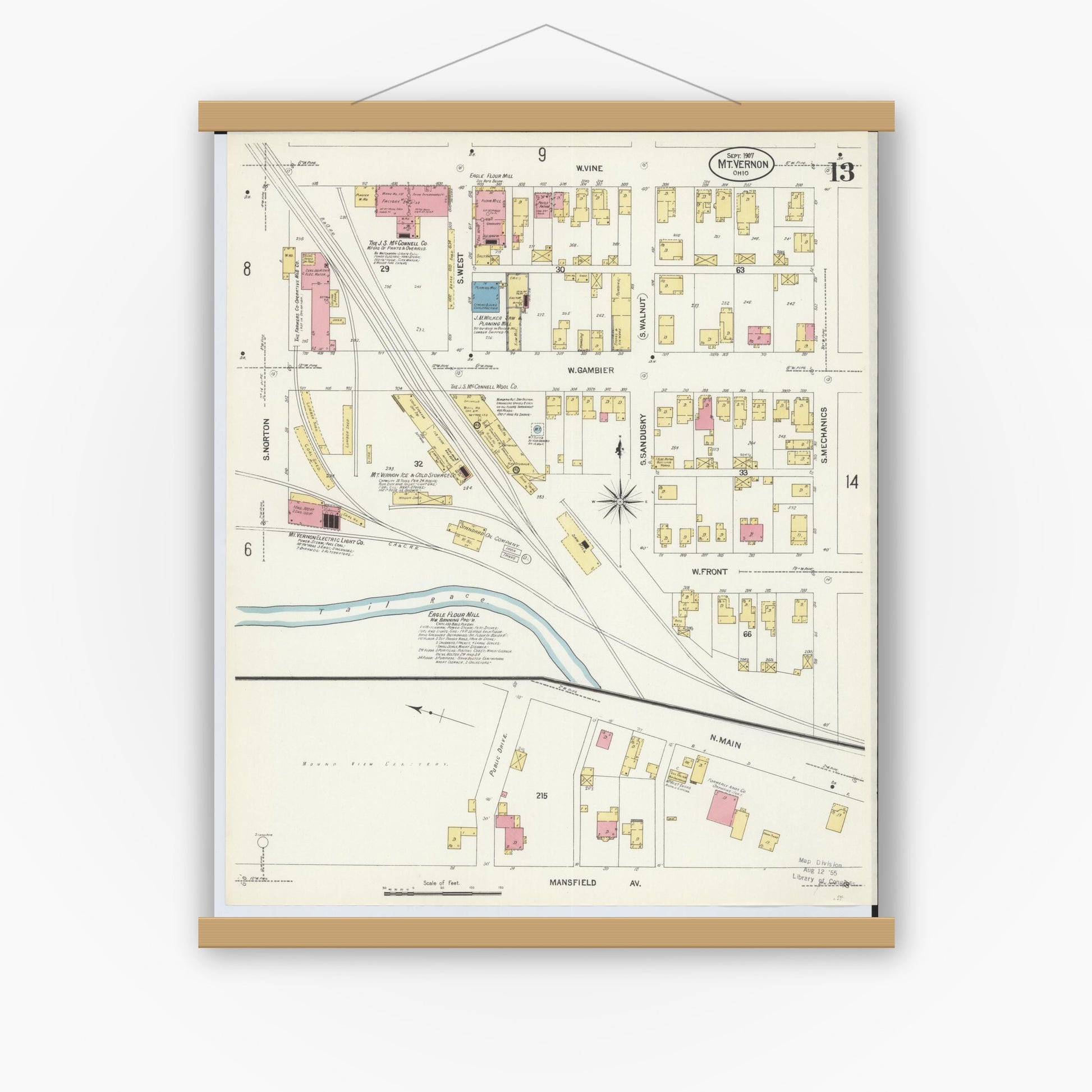 Old map wall art mockup — magnetic wood frame on white wall — Sanborn Fire Insurance Map from Mount Vernon, Knox County, Ohio (1907), Sheet #0013