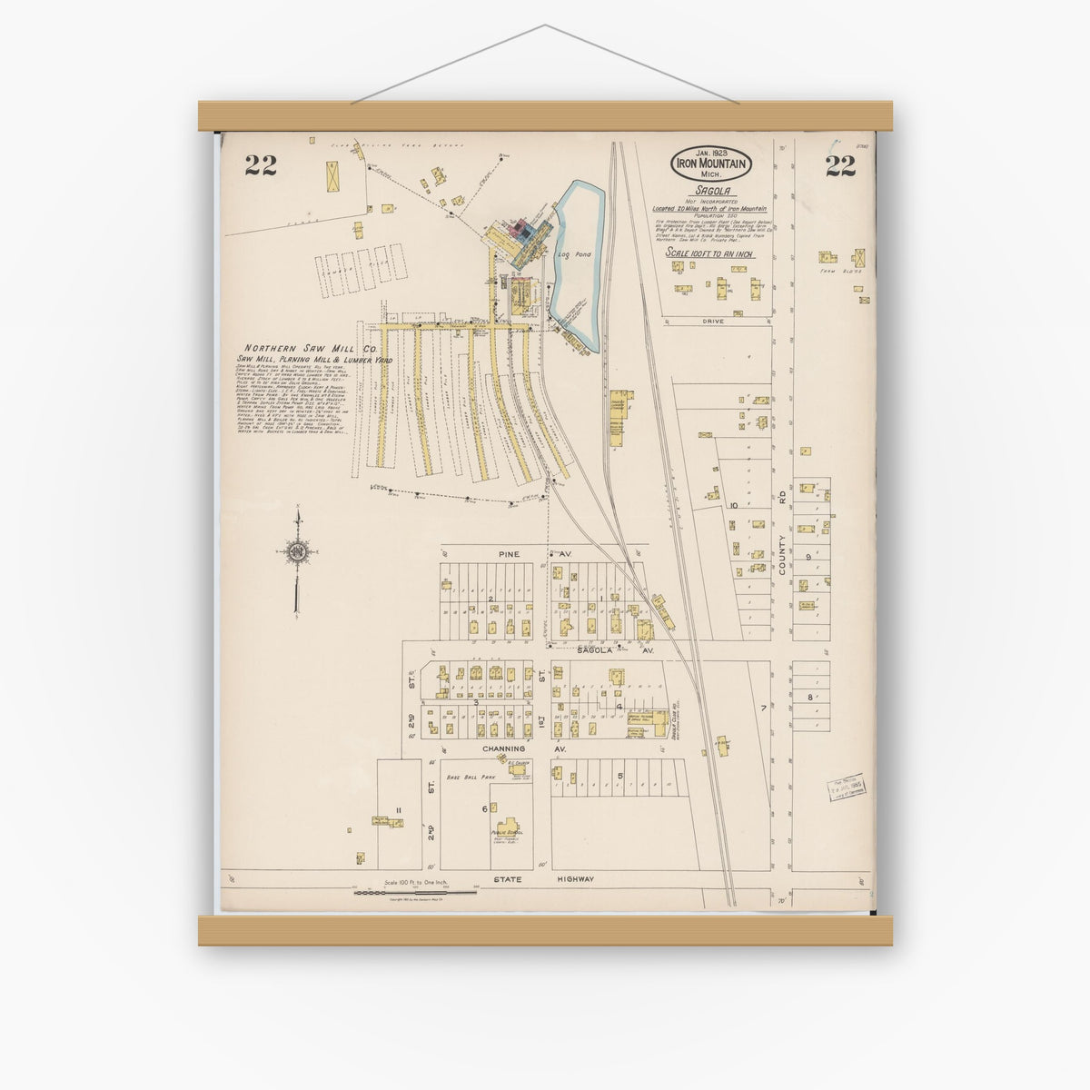 Old map wall art mockup — magnetic wood frame on white wall — Sanborn Fire Insurance Map from Iron Mountain, Dickinson County, Michigan (1923), Sheet #0022