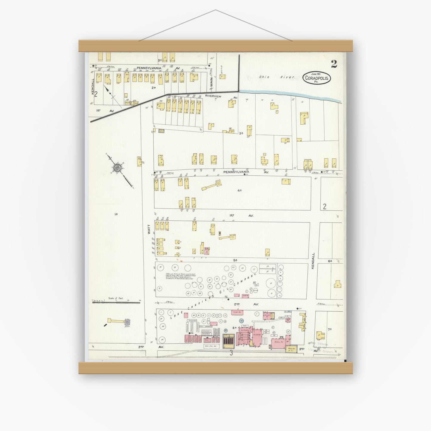 Old map wall art mockup — magnetic wood frame on white wall — Sanborn Fire Insurance Map from Coraopolis, Allegheny County, Pennsylvania (1911), Sheet #0002