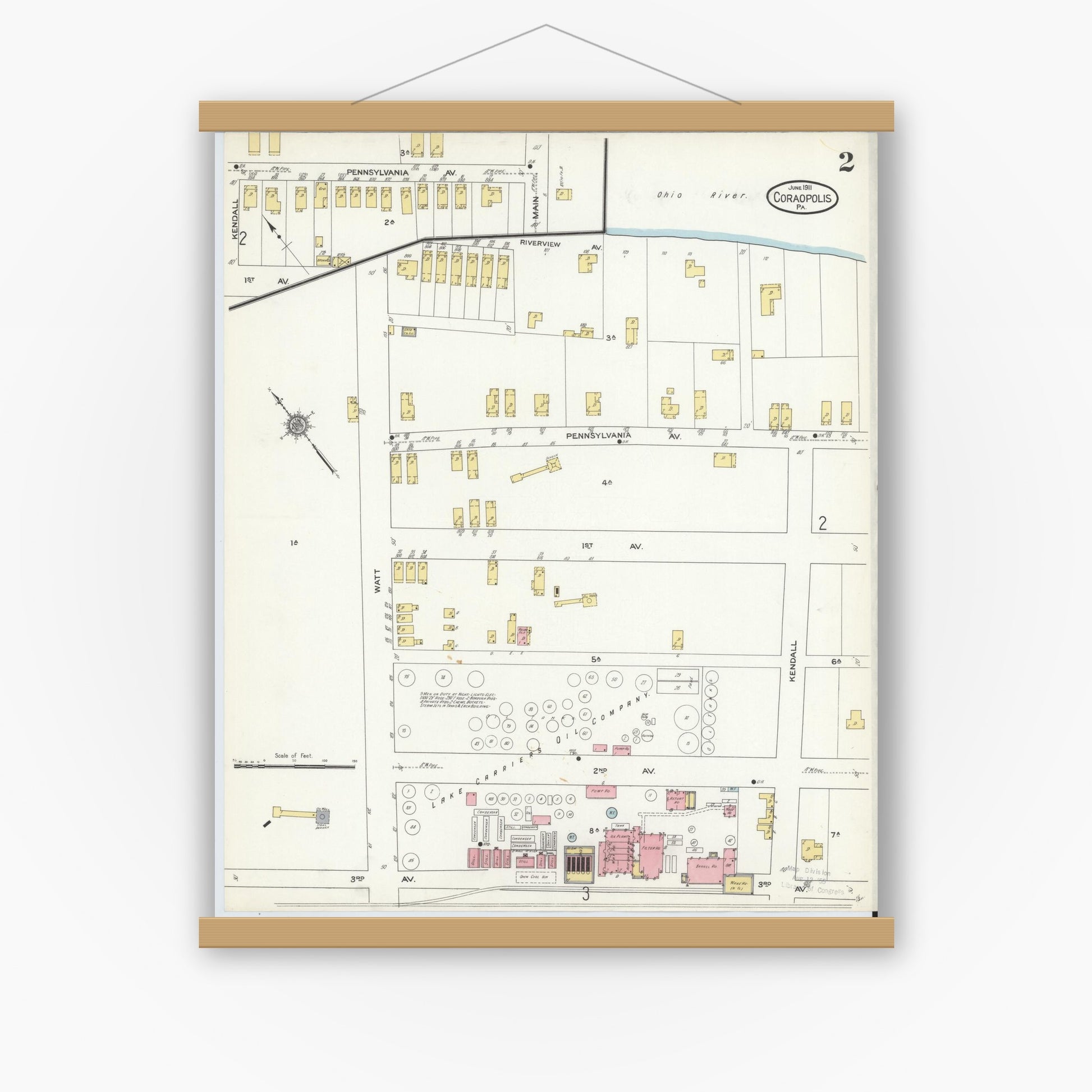 Old map wall art mockup — magnetic wood frame on white wall — Sanborn Fire Insurance Map from Coraopolis, Allegheny County, Pennsylvania (1911), Sheet #0002