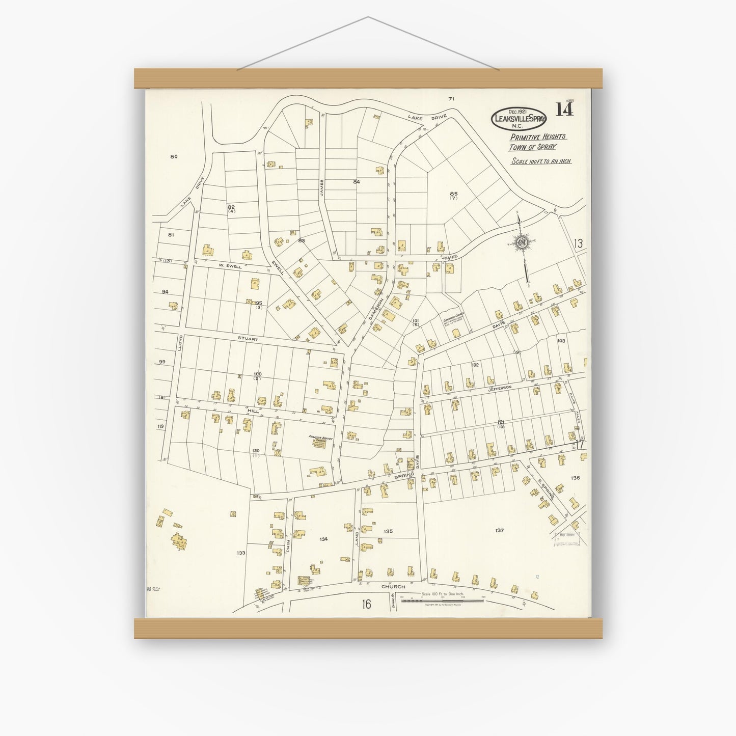 Old map wall art mockup — magnetic wood frame on white wall — Sanborn Fire Insurance Map from Leaksville-spray, Rockingham County, North Carolina (1921), Sheet #0014