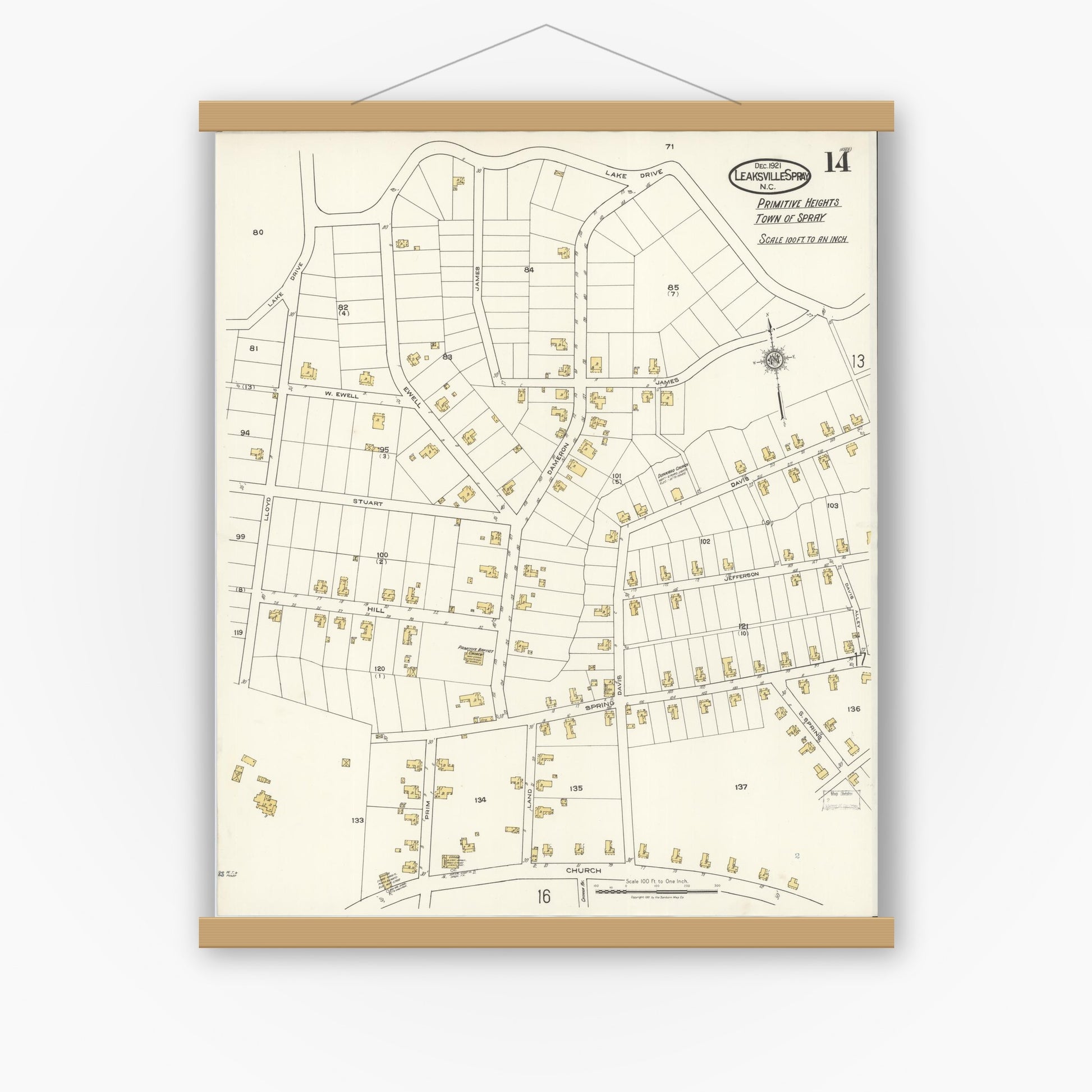 Old map wall art mockup — magnetic wood frame on white wall — Sanborn Fire Insurance Map from Leaksville-spray, Rockingham County, North Carolina (1921), Sheet #0014