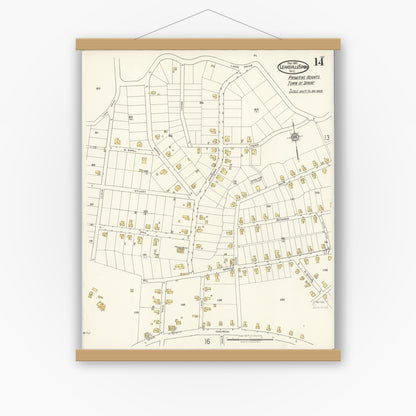 Old map wall art mockup — magnetic wood frame on white wall — Sanborn Fire Insurance Map from Leaksville-spray, Rockingham County, North Carolina (1921), Sheet #0014
