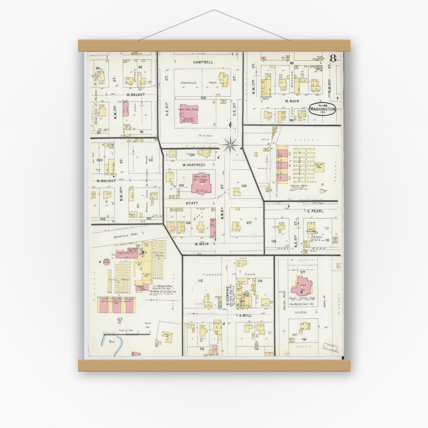 Old map wall art mockup — magnetic wood frame on white wall — Sanborn Fire Insurance Map from Washington, Daviess County, Indiana (1896), Sheet #0008