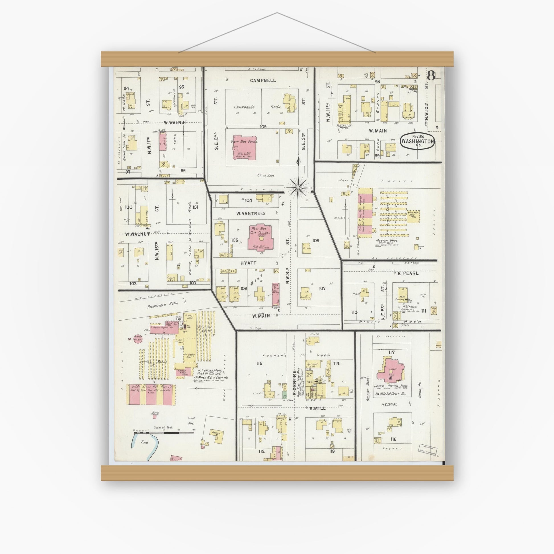 Old map wall art mockup — magnetic wood frame on white wall — Sanborn Fire Insurance Map from Washington, Daviess County, Indiana (1896), Sheet #0008