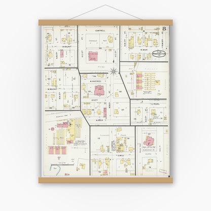 Old map wall art mockup — magnetic wood frame on white wall — Sanborn Fire Insurance Map from Washington, Daviess County, Indiana (1896), Sheet #0008