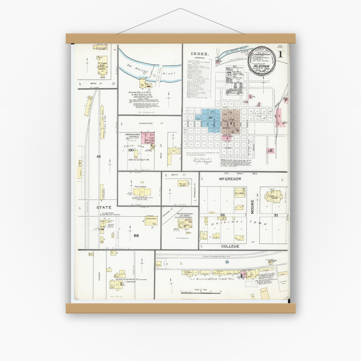 Old map wall art mockup — magnetic wood frame on white wall — Sanborn Fire Insurance Map from Algona, Kossuth County, Iowa (1892) â€” Complete Set