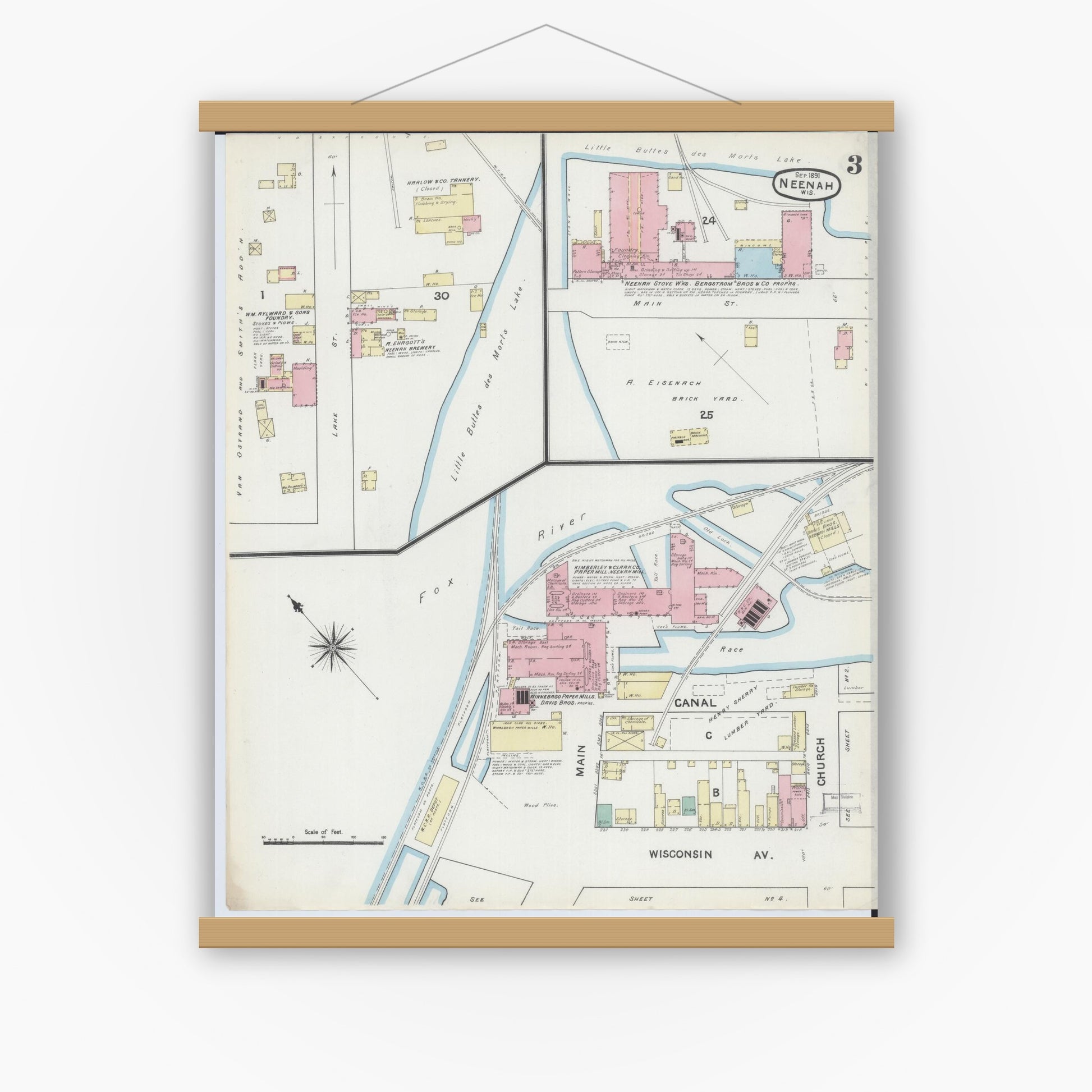 Old map wall art mockup — magnetic wood frame on white wall — Sanborn Fire Insurance Map from Neenah, Winnebago County, Wisconsin (1891), Sheet #0003