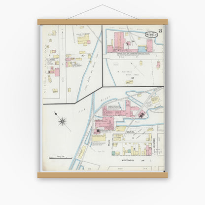 Old map wall art mockup — magnetic wood frame on white wall — Sanborn Fire Insurance Map from Neenah, Winnebago County, Wisconsin (1891), Sheet #0003