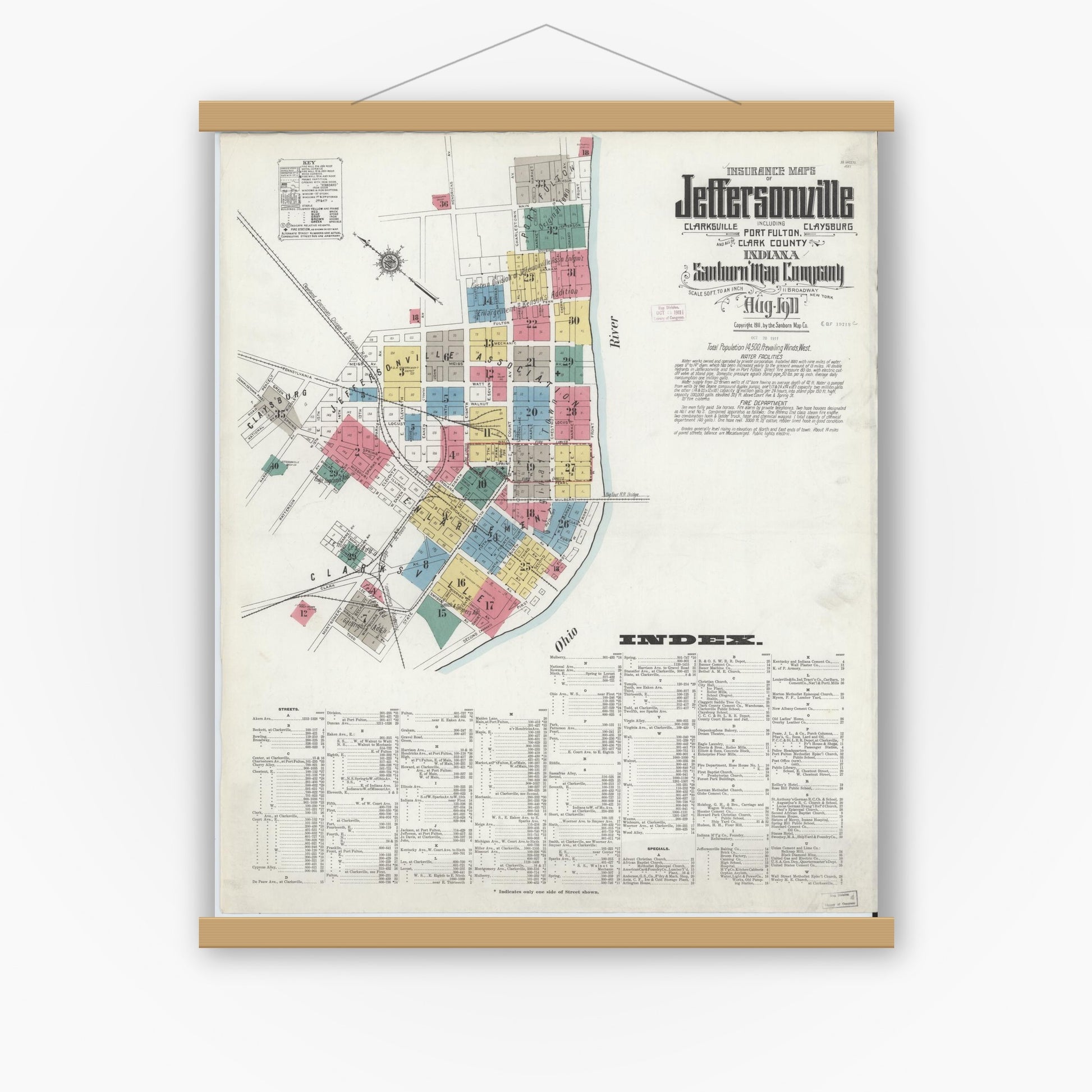 Old map wall art mockup — magnetic wood frame on white wall — Sanborn Fire Insurance Map from Jeffersonville, Clark County, Indiana (1911), Sheet #0001
