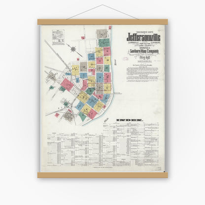 Old map wall art mockup — magnetic wood frame on white wall — Sanborn Fire Insurance Map from Jeffersonville, Clark County, Indiana (1911), Sheet #0001