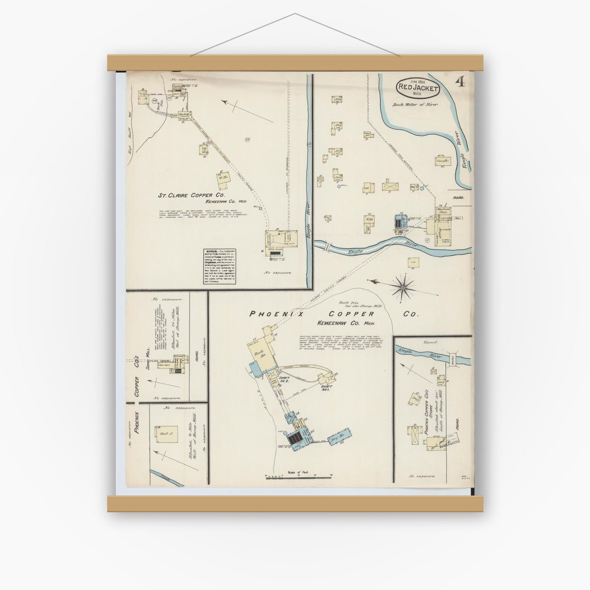 Old map wall art mockup — magnetic wood frame on white wall — Sanborn Fire Insurance Map from Red Jacket, Houghton County, Michigan (1884), Sheet #0004