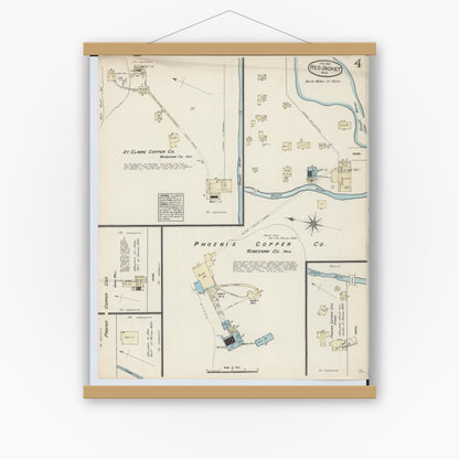 Old map wall art mockup — magnetic wood frame on white wall — Sanborn Fire Insurance Map from Red Jacket, Houghton County, Michigan (1884), Sheet #0004