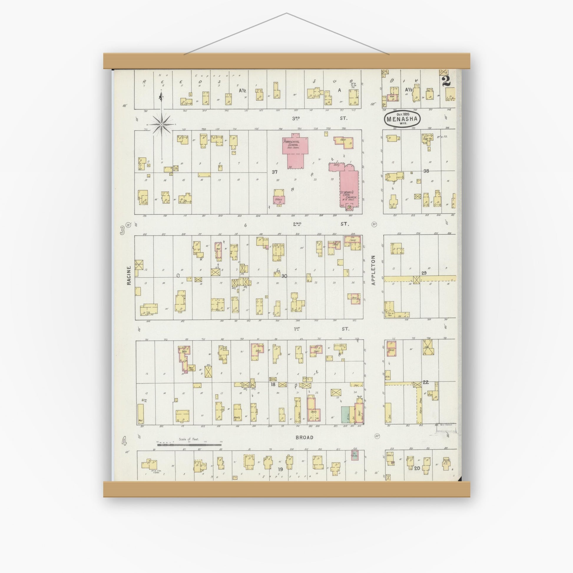 Old map wall art mockup — magnetic wood frame on white wall — Sanborn Fire Insurance Map from Menasha, Winnebago County, Wisconsin (1895), Sheet #0002