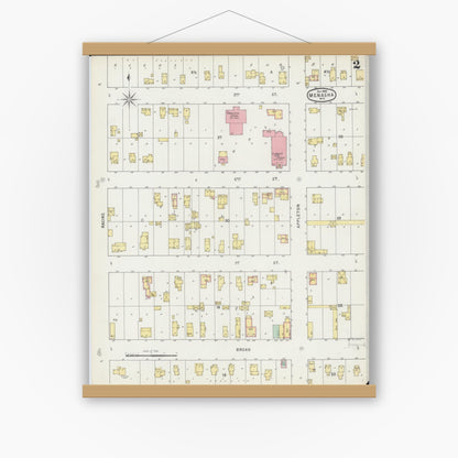 Old map wall art mockup — magnetic wood frame on white wall — Sanborn Fire Insurance Map from Menasha, Winnebago County, Wisconsin (1895), Sheet #0002