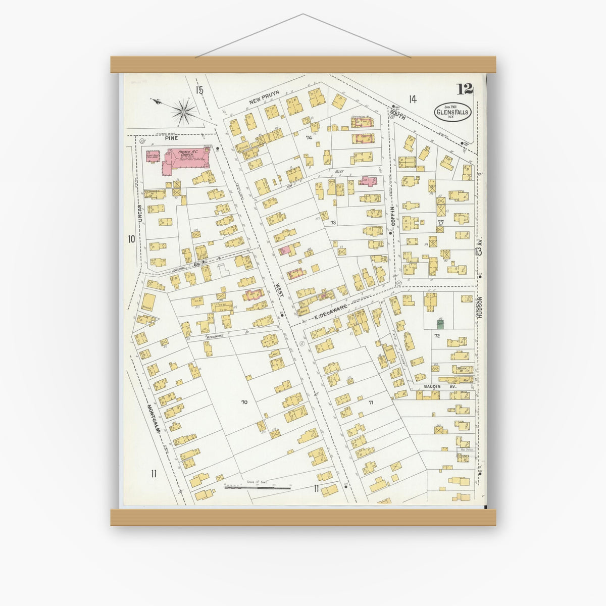 Old map wall art mockup — magnetic wood frame on white wall — Sanborn Fire Insurance Map from Glens Falls, Warren County, New York (1901), Sheet #0012