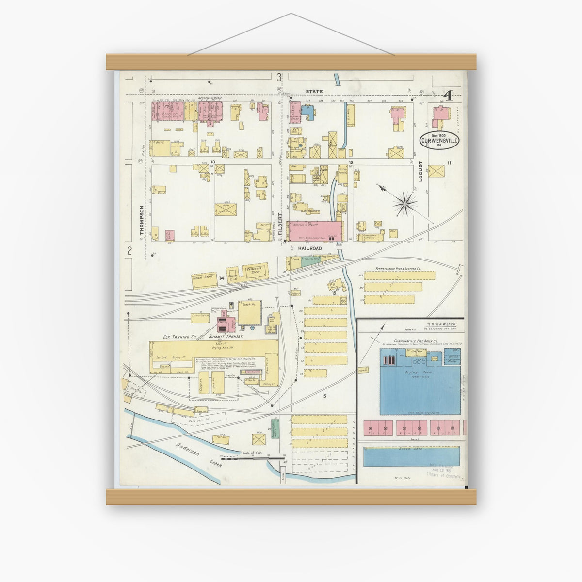 Old map wall art mockup — magnetic wood frame on white wall — Sanborn Fire Insurance Map from Curwensville, Clearfield County, Pennsylvania (1905), Sheet #0004