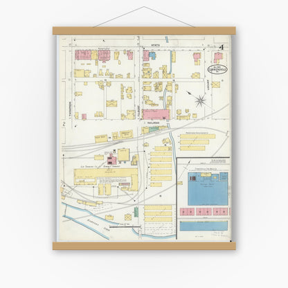 Old map wall art mockup — magnetic wood frame on white wall — Sanborn Fire Insurance Map from Curwensville, Clearfield County, Pennsylvania (1905), Sheet #0004