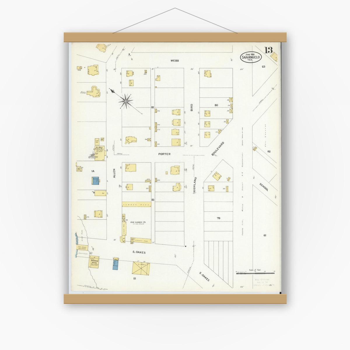Old map wall art mockup — magnetic wood frame on white wall — Sanborn Fire Insurance Map from San Angelo, Tom Green County, Texas (1908), Sheet #0013