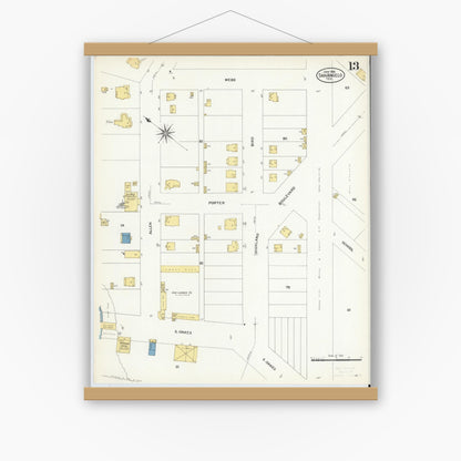 Old map wall art mockup — magnetic wood frame on white wall — Sanborn Fire Insurance Map from San Angelo, Tom Green County, Texas (1908), Sheet #0013