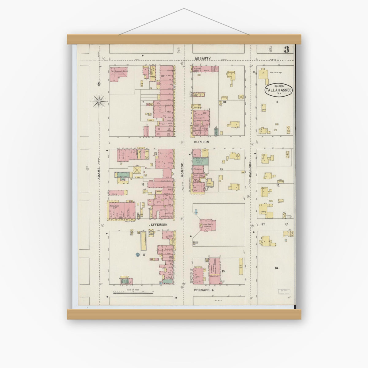 Old map wall art mockup — magnetic wood frame on white wall — Sanborn Fire Insurance Map from Tallahassee, Leon County, Florida (1895), Sheet #0003