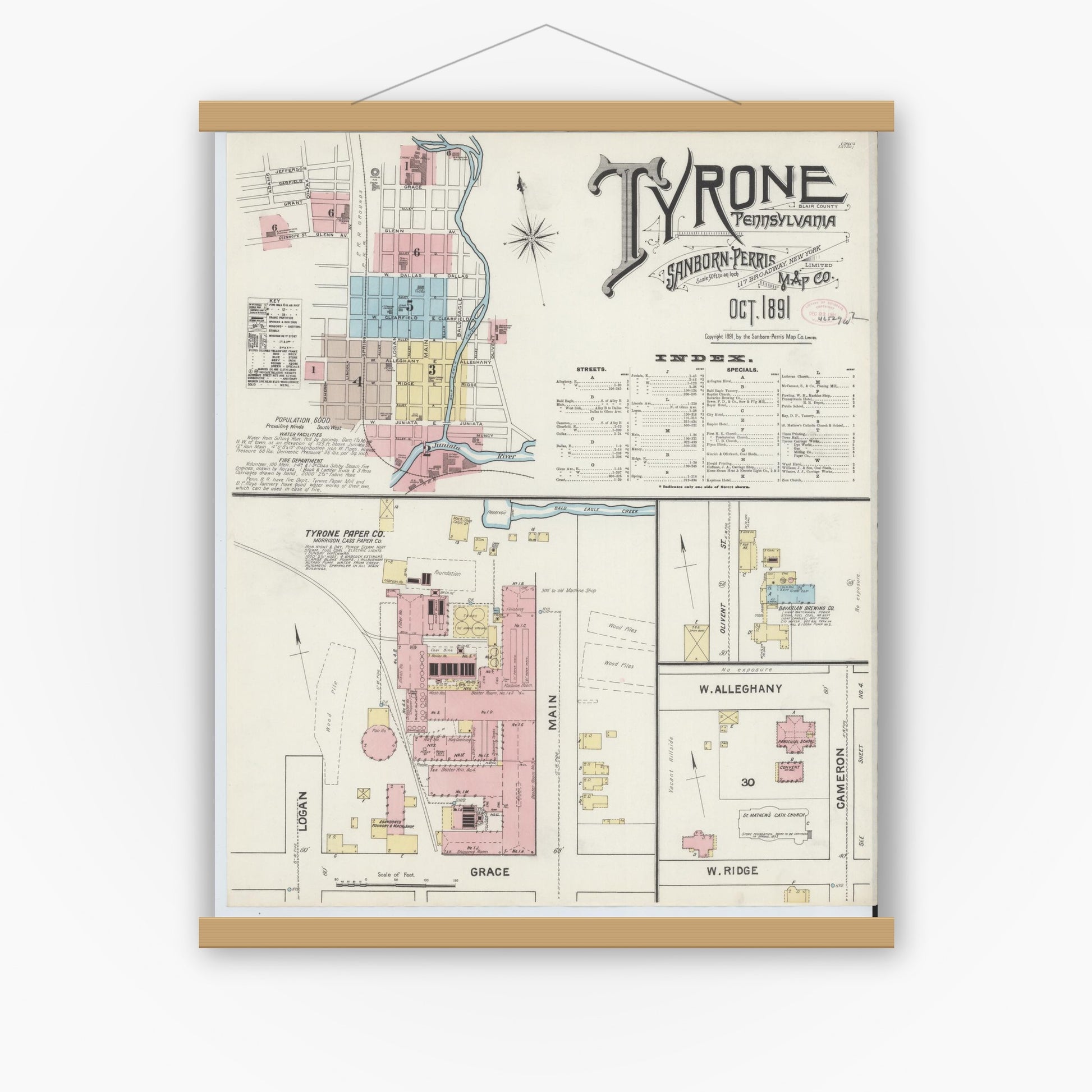 Old map wall art mockup — magnetic wood frame on white wall — Sanborn Fire Insurance Map from Tyrone, Blair County, Pennsylvania (1891) - Complete Map Set