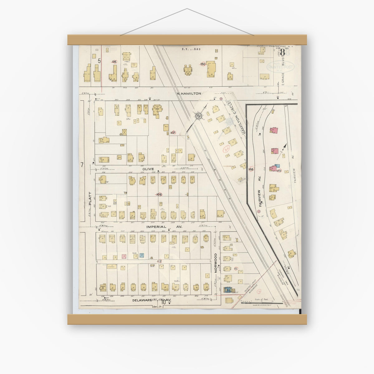 Old map wall art mockup — magnetic wood frame on white wall — Sanborn Fire Insurance Map from Painted Post, Steuben County, New York (1943), Sheet #0008