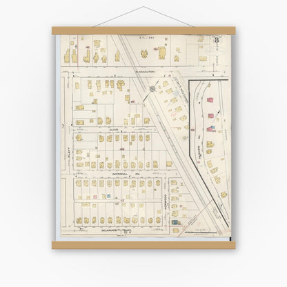 Old map wall art mockup — magnetic wood frame on white wall — Sanborn Fire Insurance Map from Painted Post, Steuben County, New York (1943), Sheet #0008