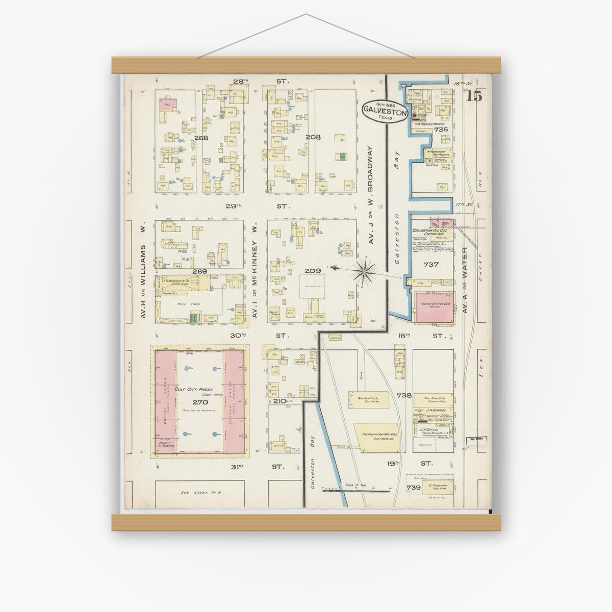 Old map wall art mockup — magnetic wood frame on white wall — Sanborn Fire Insurance Map from Galveston, Galveston County, Texas (1885), Sheet #0015