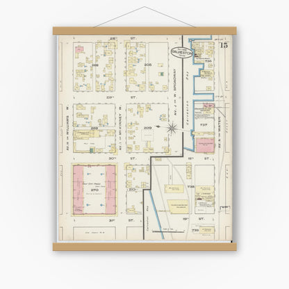 Old map wall art mockup — magnetic wood frame on white wall — Sanborn Fire Insurance Map from Galveston, Galveston County, Texas (1885), Sheet #0015