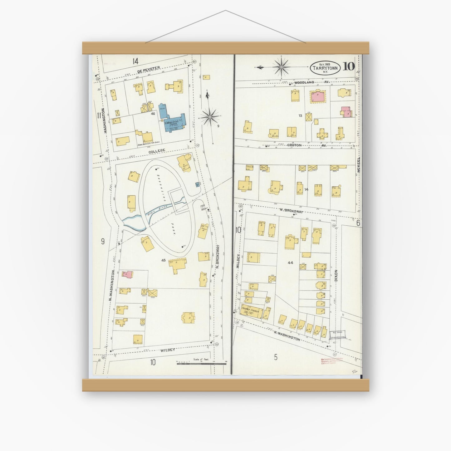 Old map wall art mockup — magnetic wood frame on white wall — Sanborn Fire Insurance Map from Tarrytown, Westchester County, New York (1903), Sheet #0010