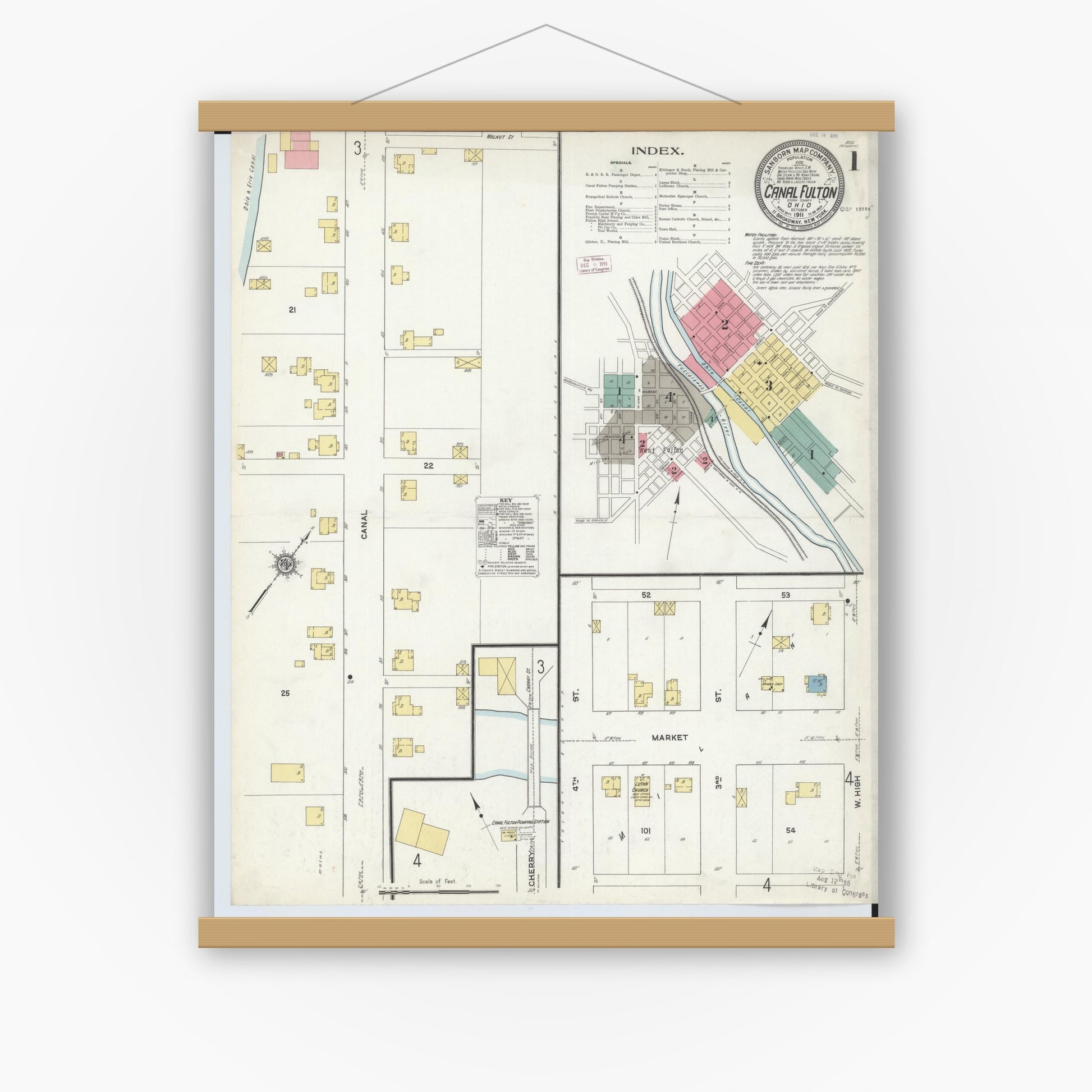 Old map wall art mockup — magnetic wood frame on white wall — Sanborn Fire Insurance Map from Canal Fulton, Stark County, Ohio (1911), Sheet #0001