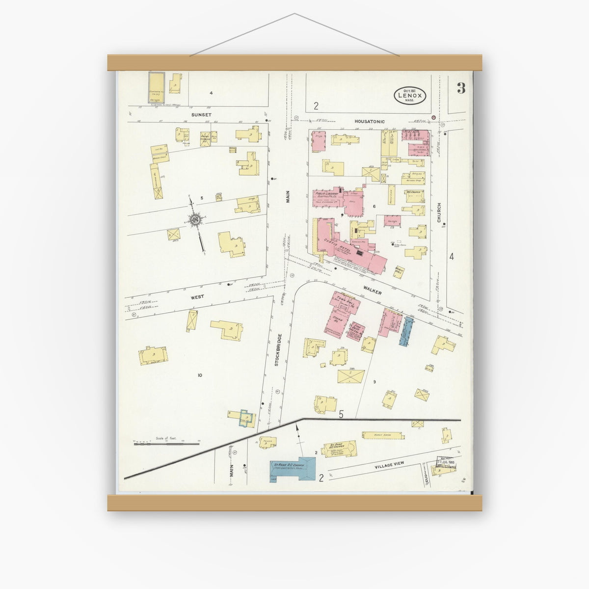 Old map wall art mockup — magnetic wood frame on white wall — Sanborn Fire Insurance Map from Lenox, Berkshire County, Massachusetts (1911), Sheet #0003