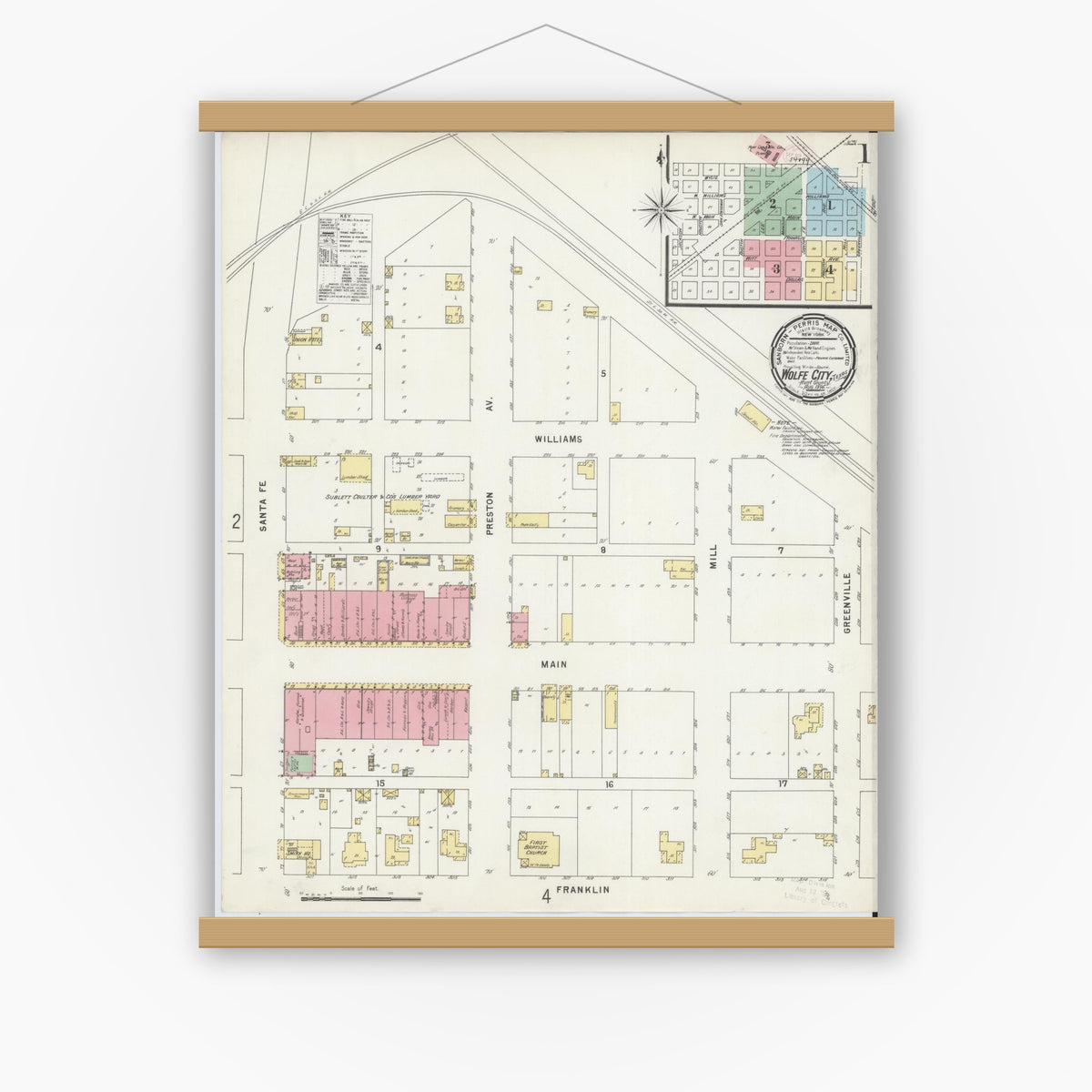 Old map wall art mockup — magnetic wood frame on white wall — Sanborn Fire Insurance Map from Wolfe City, Hunt County, Texas (1896), Sheet #0001