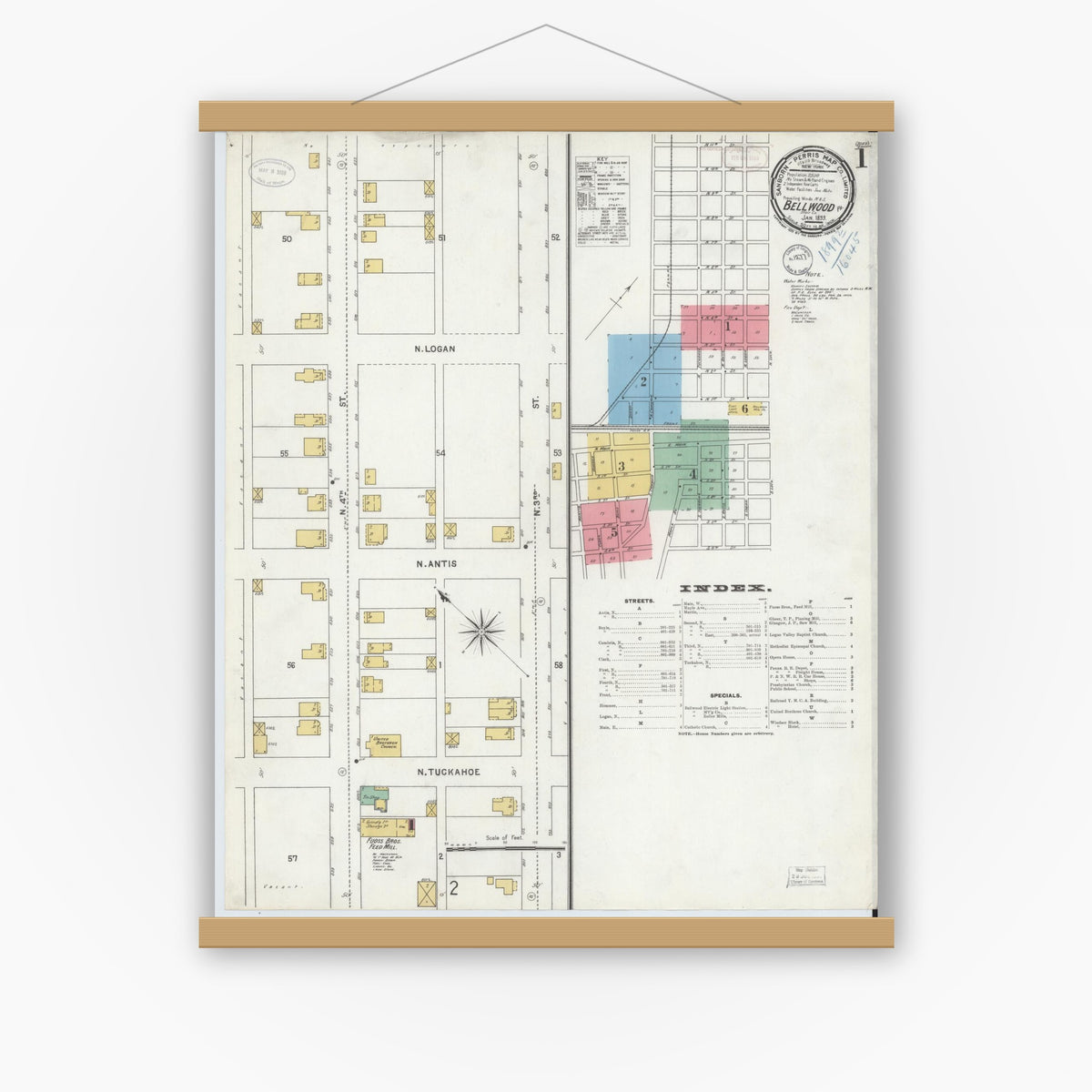 Old map wall art mockup — magnetic wood frame on white wall — Sanborn Fire Insurance Map from Bellwood, Blair County, Pennsylvania (1899) - Complete Map Set