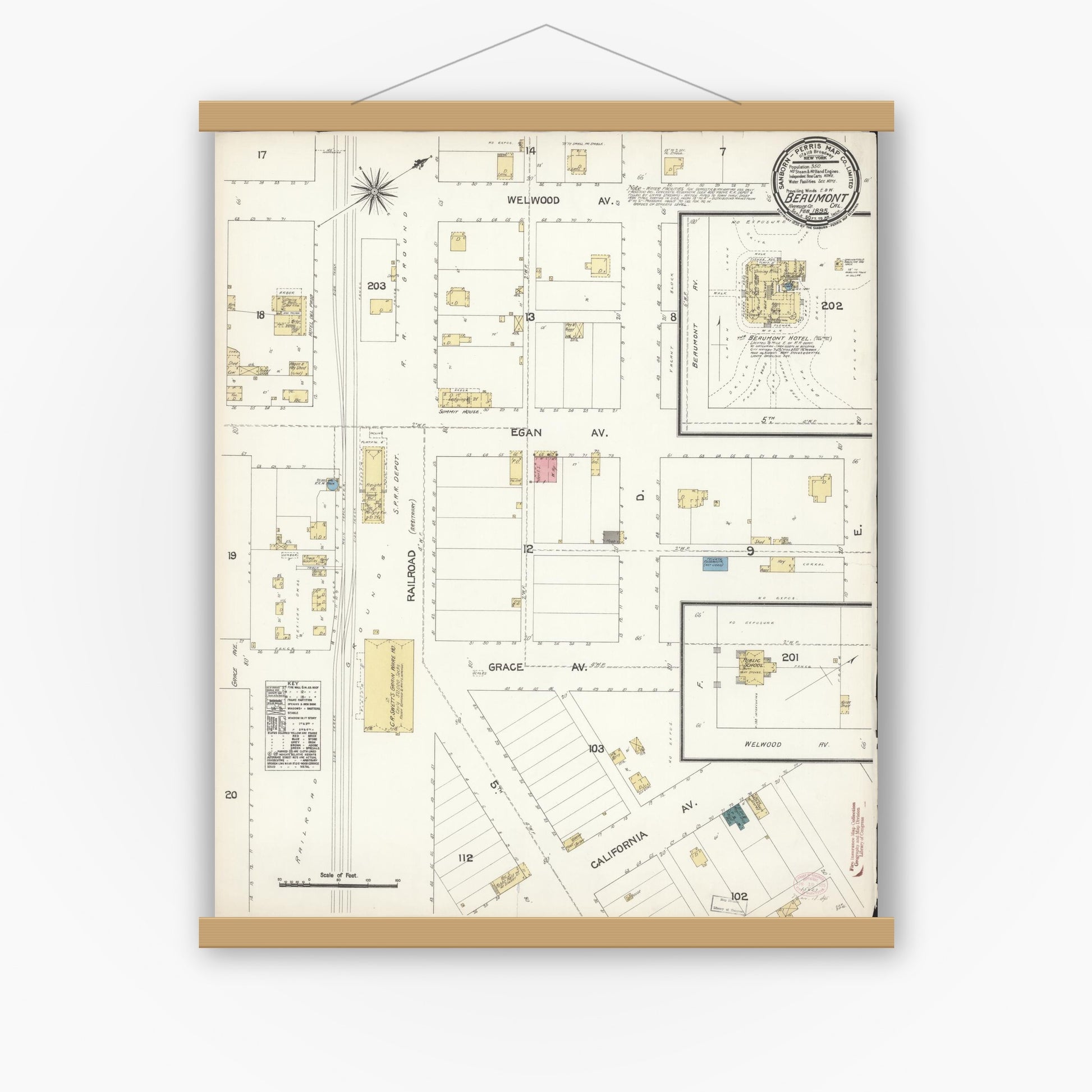 Old map wall art mockup — magnetic wood frame on white wall — Sanborn Fire Insurance Map from Beaumont, Riverside County, California (1895), Sheet #0001