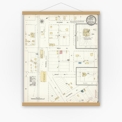Old map wall art mockup — magnetic wood frame on white wall — Sanborn Fire Insurance Map from Beaumont, Riverside County, California (1895), Sheet #0001