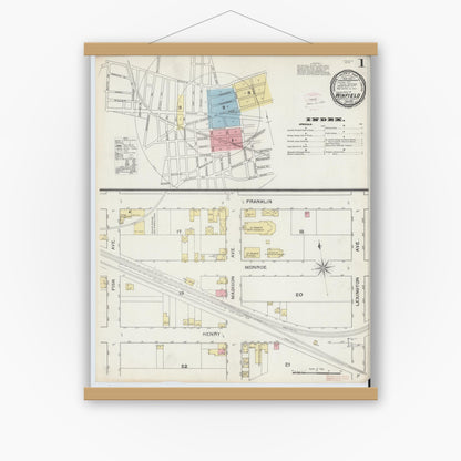 Old map wall art mockup — magnetic wood frame on white wall — Sanborn Fire Insurance Map from Winfield, Queens County, New York (1893), Sheet #0001