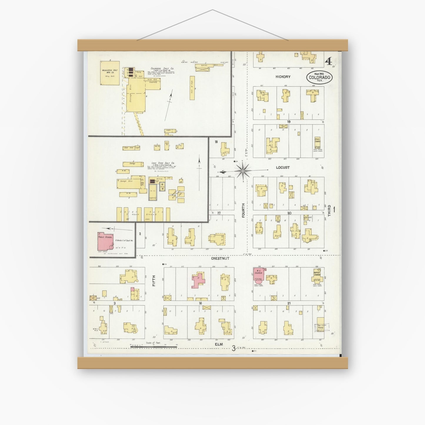 Old map wall art mockup — magnetic wood frame on white wall — Sanborn Fire Insurance Map from Colorado, Mitchell County, Texas (1902), Sheet #0004