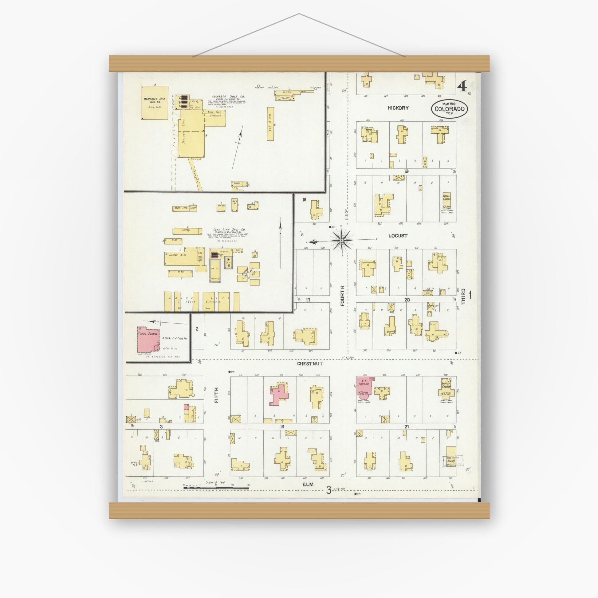 Old map wall art mockup — magnetic wood frame on white wall — Sanborn Fire Insurance Map from Colorado, Mitchell County, Texas (1902), Sheet #0004