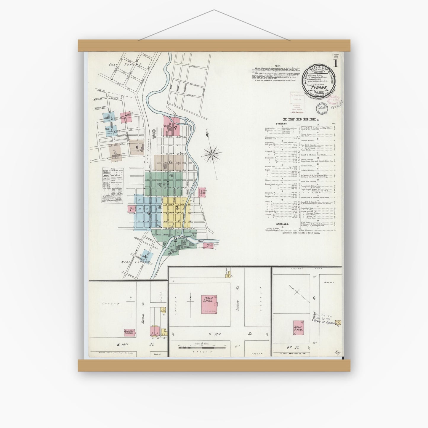 Old map wall art mockup — magnetic wood frame on white wall — Sanborn Fire Insurance Map from Tyrone, Blair County, Pennsylvania (1896) - Complete Map Set