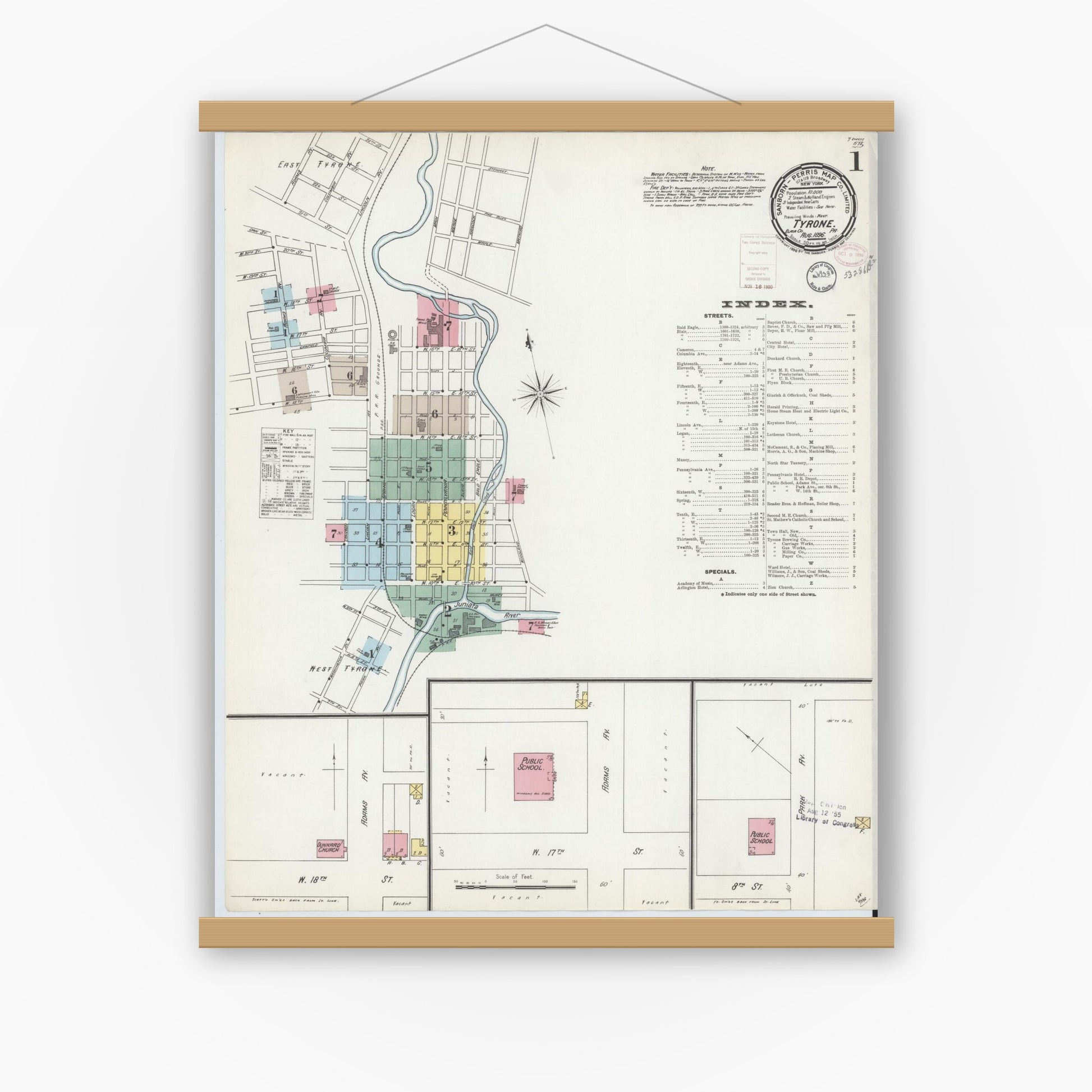 Old map wall art mockup — magnetic wood frame on white wall — Sanborn Fire Insurance Map from Tyrone, Blair County, Pennsylvania (1896) - Complete Map Set