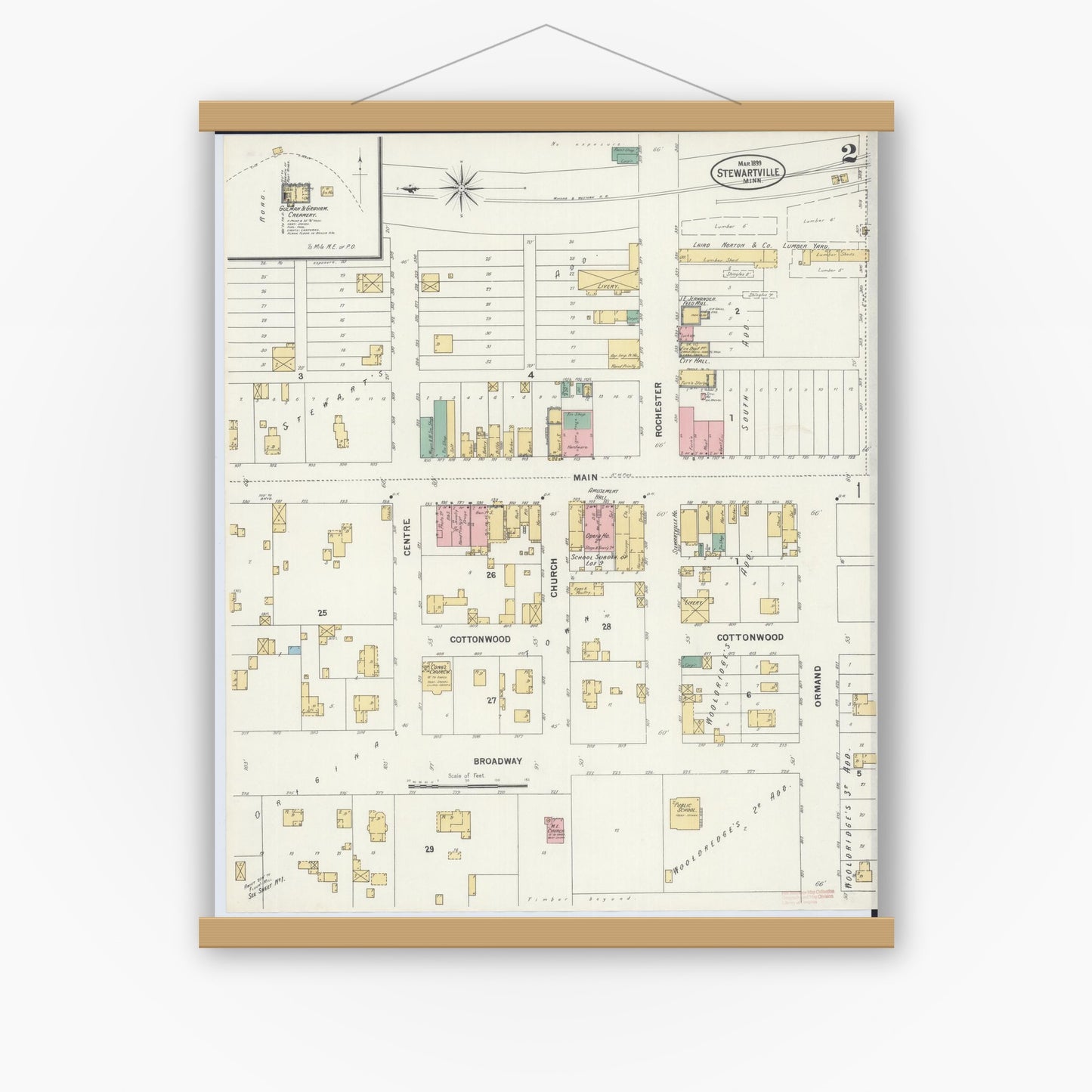 Old map wall art mockup — magnetic wood frame on white wall — Sanborn Fire Insurance Map from Stewartville, Olmsted County, Minnesota (1899), Sheet #0002