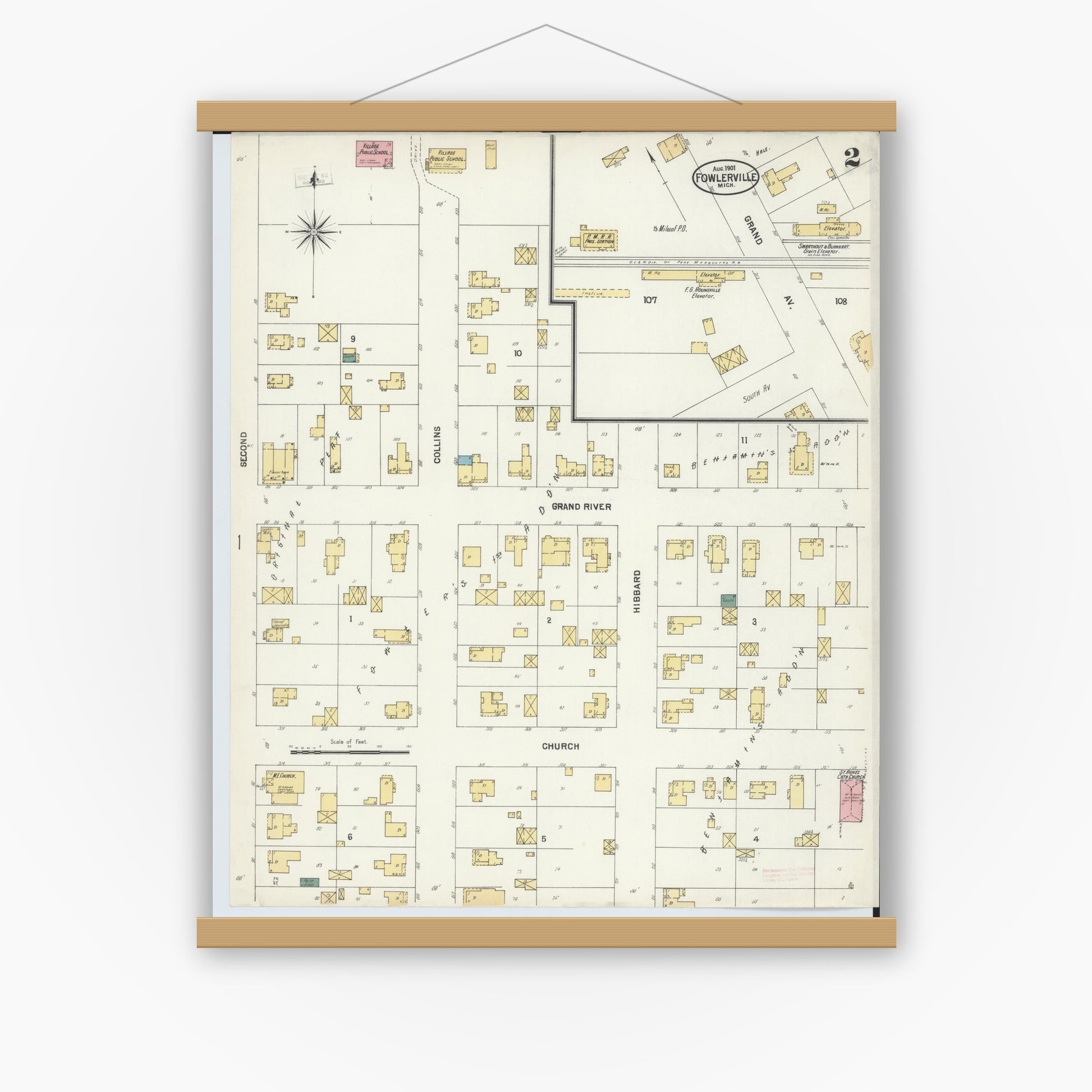 Old map wall art mockup — magnetic wood frame on white wall — Sanborn Fire Insurance Map from Fowlerville, Livingston County, Michigan (1901), Sheet #0002