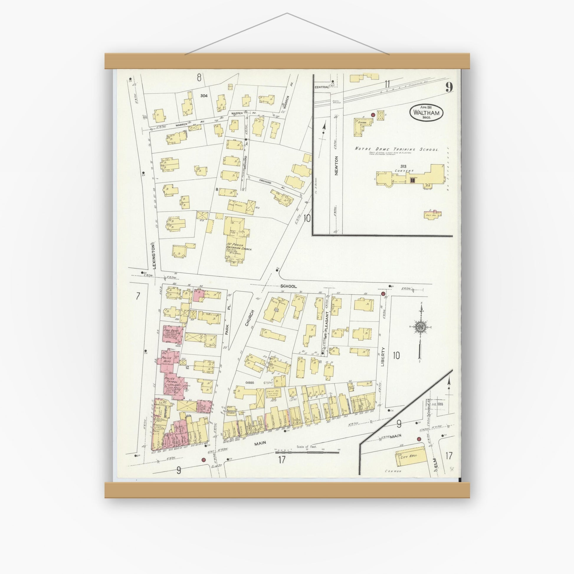 Old map wall art mockup — magnetic wood frame on white wall — Sanborn Fire Insurance Map from Waltham, Middlesex County, Massachusetts (1911), Sheet #0009