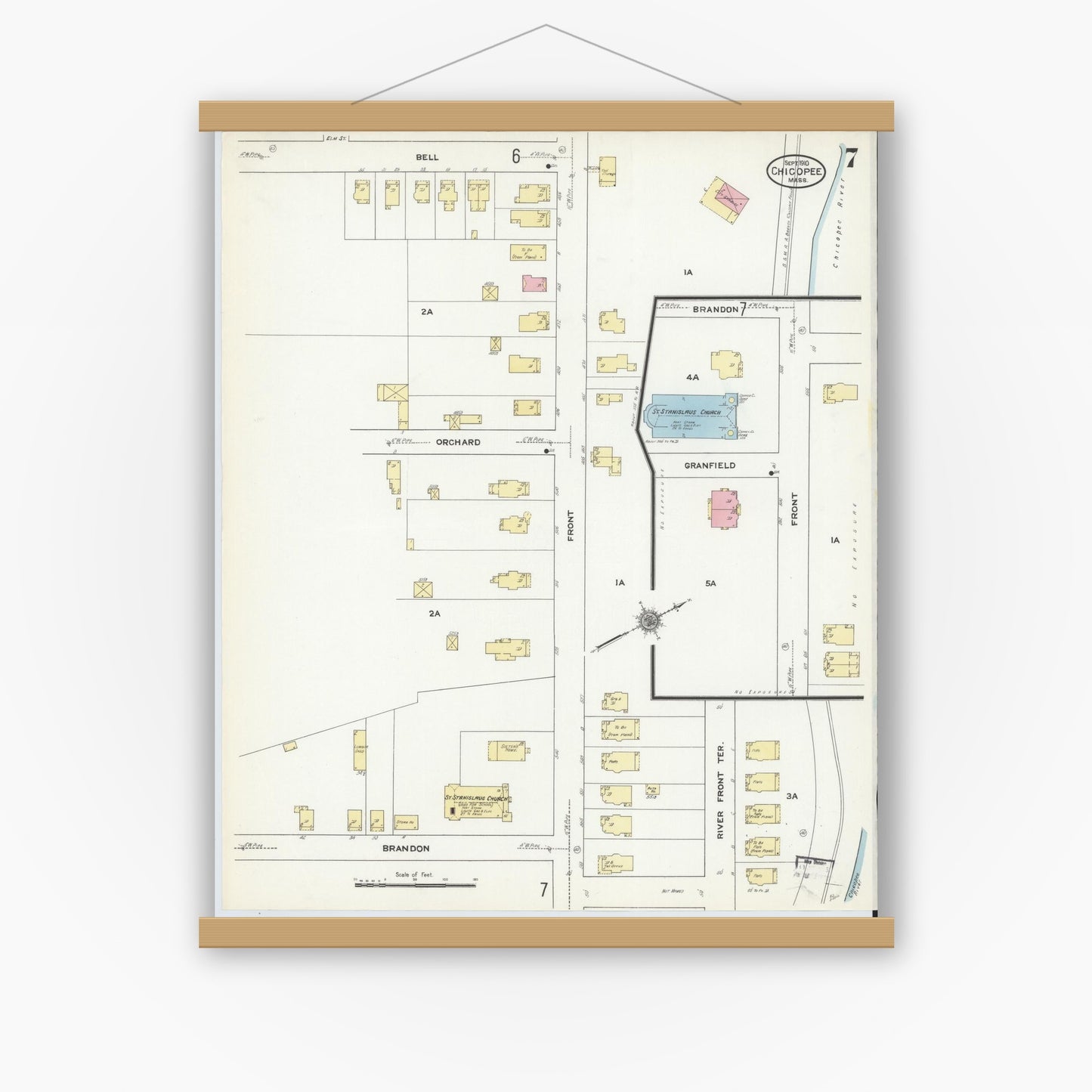 Old map wall art mockup — magnetic wood frame on white wall — Sanborn Fire Insurance Map from Chicopee, Hampden County, Massachusetts (1910), Sheet #0007