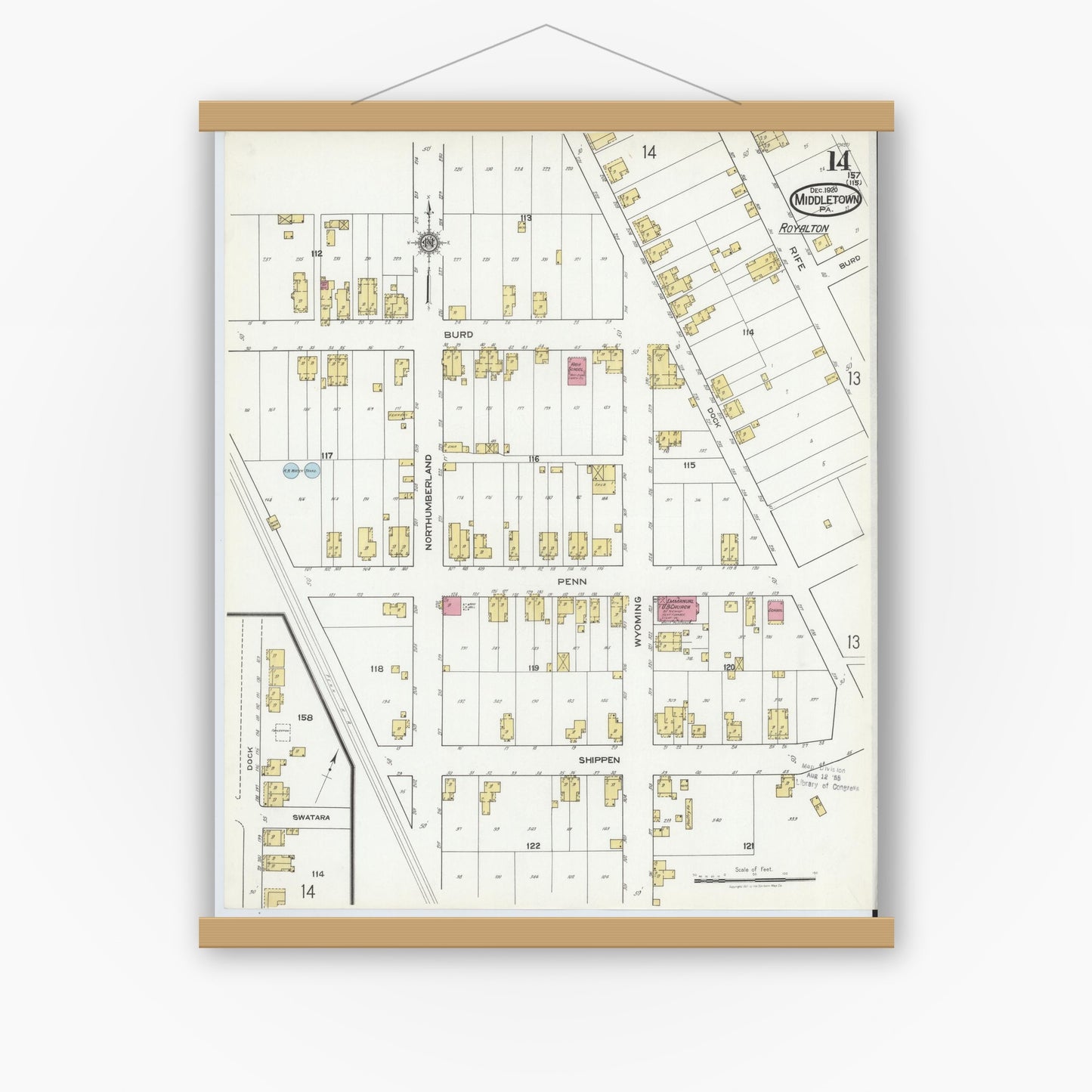 Old map wall art mockup — magnetic wood frame on white wall — Sanborn Fire Insurance Map from Middletown, Dauphin County, Pennsylvania (1920), Sheet #0014