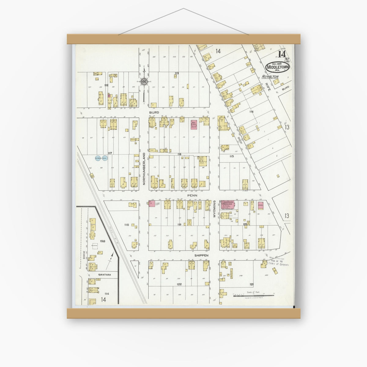 Old map wall art mockup — magnetic wood frame on white wall — Sanborn Fire Insurance Map from Middletown, Dauphin County, Pennsylvania (1920), Sheet #0014