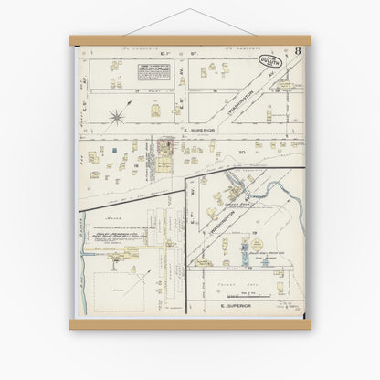 Old map wall art mockup — magnetic wood frame on white wall — Sanborn Fire Insurance Map from Duluth, Saint Louis County, Minnesota (1884), Sheet #0008